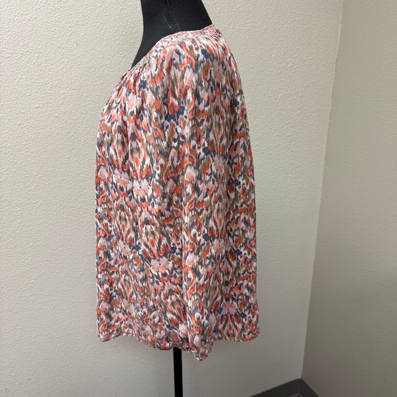 Sundance Silk Boho Blouse Orange Blue Ikat Peasant Top Large Button Front - Picture 4 of 8